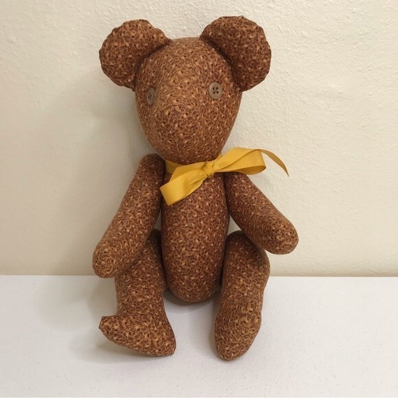 Vintage Handmade Brown Calico Fabric Button Jointed Teddy Bear Button Eyes 15" - Picture 2 of 9